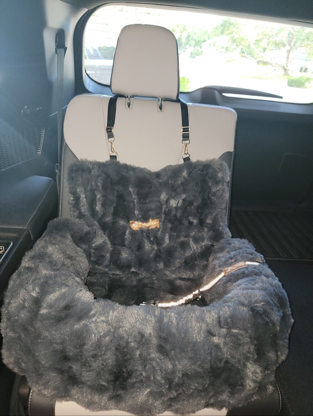 Pelsbarn Dog Car Bed Charcoal with Gold Hardware